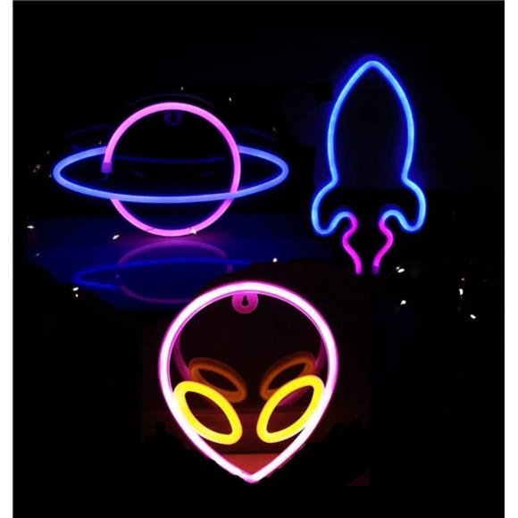 3Pcs Neon Signs,LED Neon Light Signs for Wall Decoration,LED Rocket Planet Alien - Picture 1 of 5